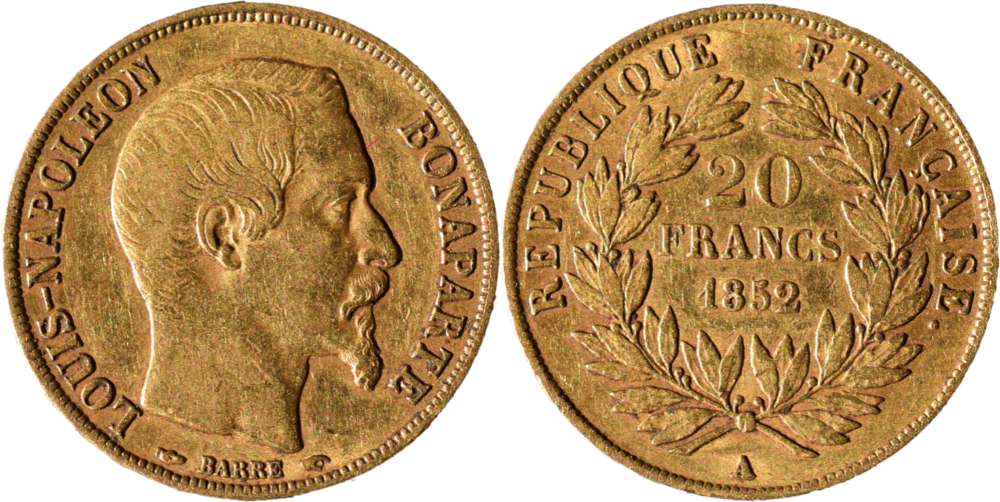 20 francs Louis-Napoléon Bonaparte 1852 A TTB droit et revers