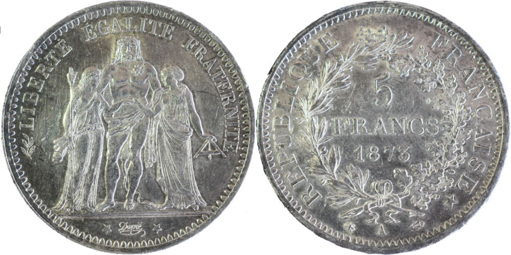 5 francs Hercule 1873 A SUP droit et revers