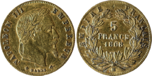 5 francs or Napoléon III 1868 BB TTB droit et revers