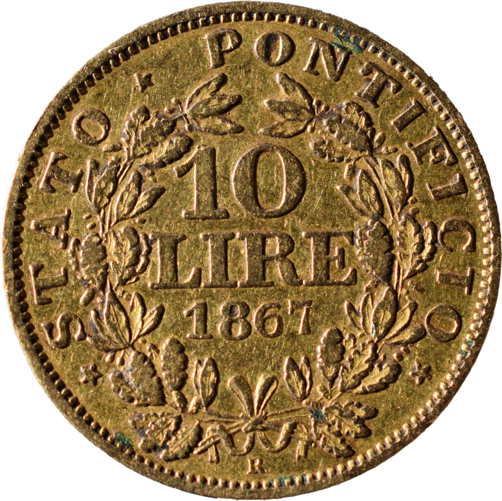 10 Lire or Pie IX 1867 R TTB revers