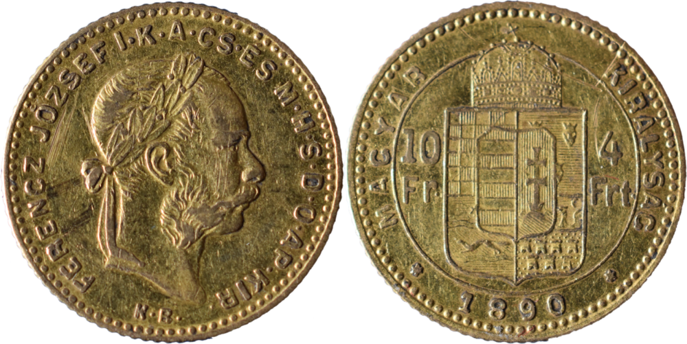 10 francs / 4 forint Franz Joseph I 1890 TTB tête ancienne droit et revers