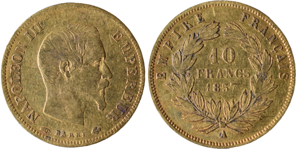 10 francs Napoléon III 1857 A TTB droit et revers