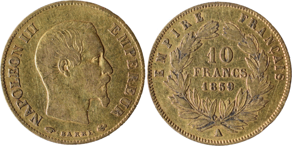 10 francs Napoléon III 1859 A TTB droit et revers