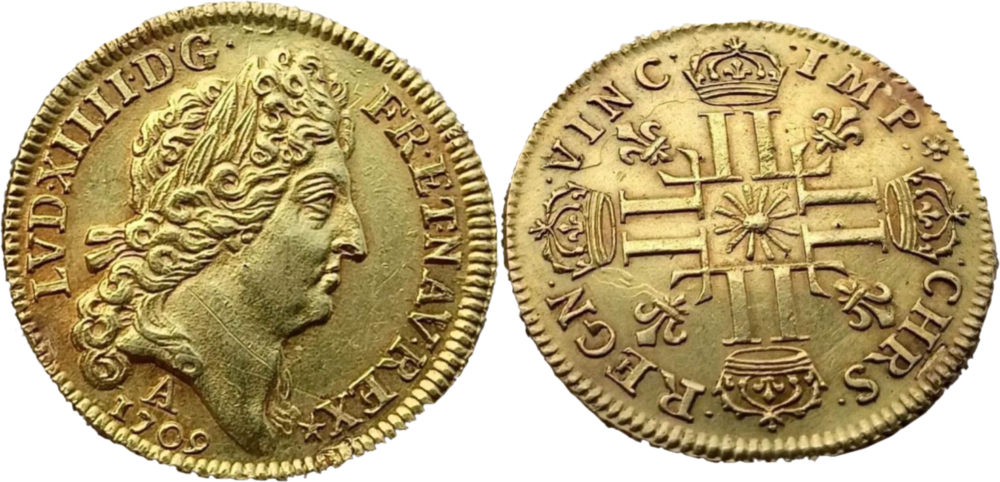 Louis XIV louis d’or au soleil 1709 A droit et revers