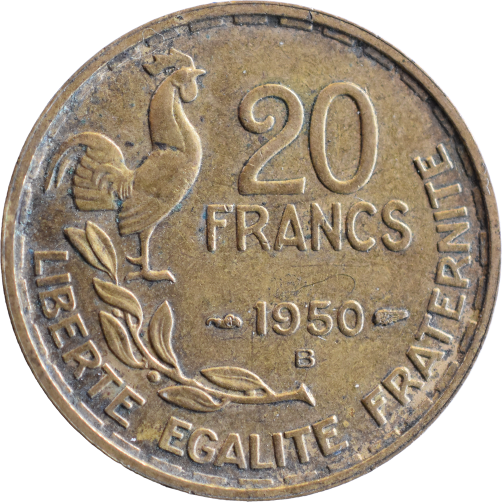 20 francs Guiraud 1950 B TTB queue à trois faucilles, Georges revers