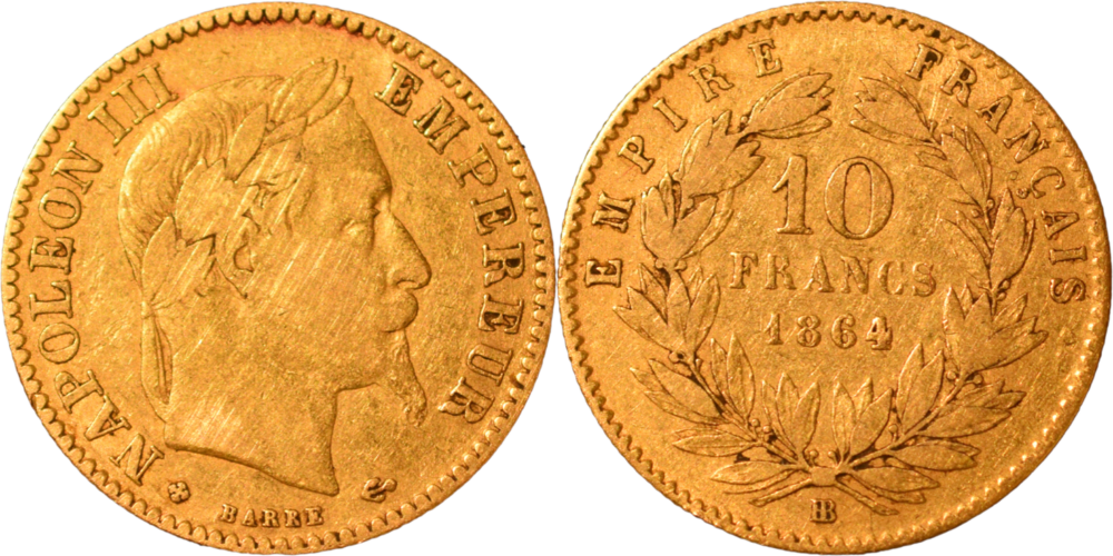 10 francs Napoléon III 1864 BB TB droit et revers