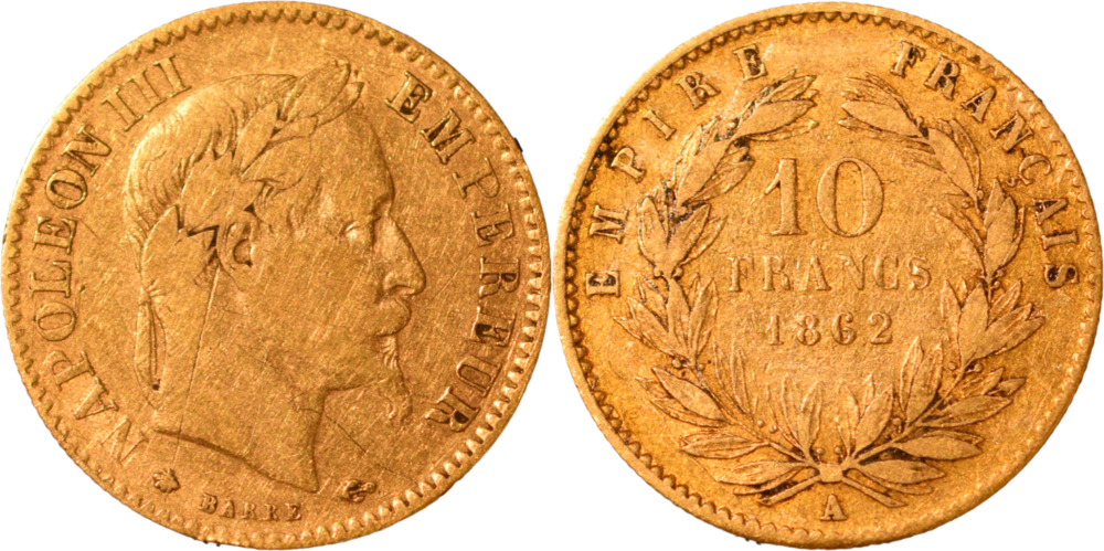 10 francs Napoléon III 1862 A TB droit et revers