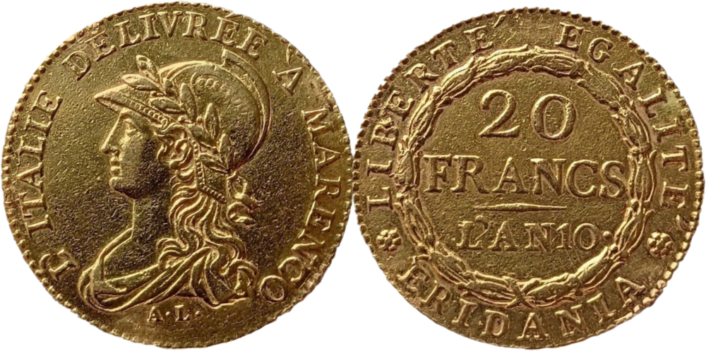 20 francs or République Subalpine An 10 SUP droit et revers