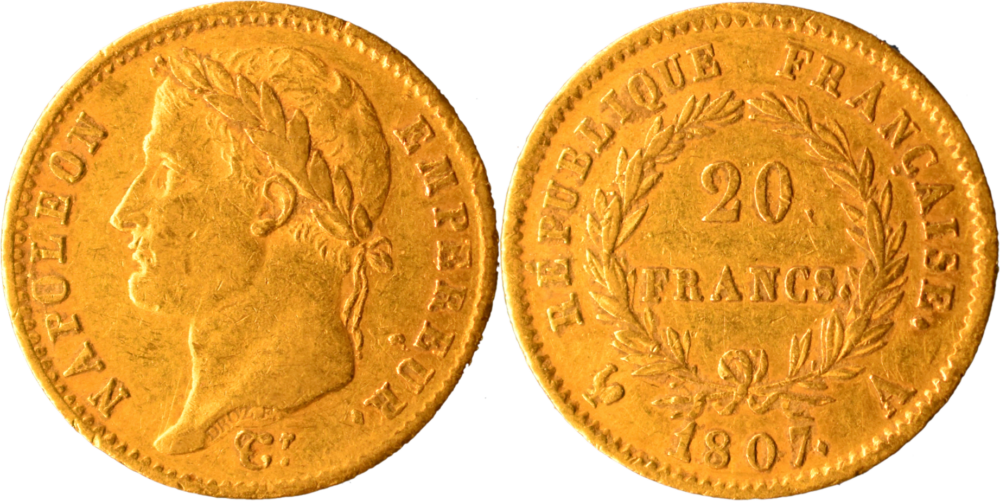 20 francs or Napoléon Empereur 1807 A SUP droit et revers