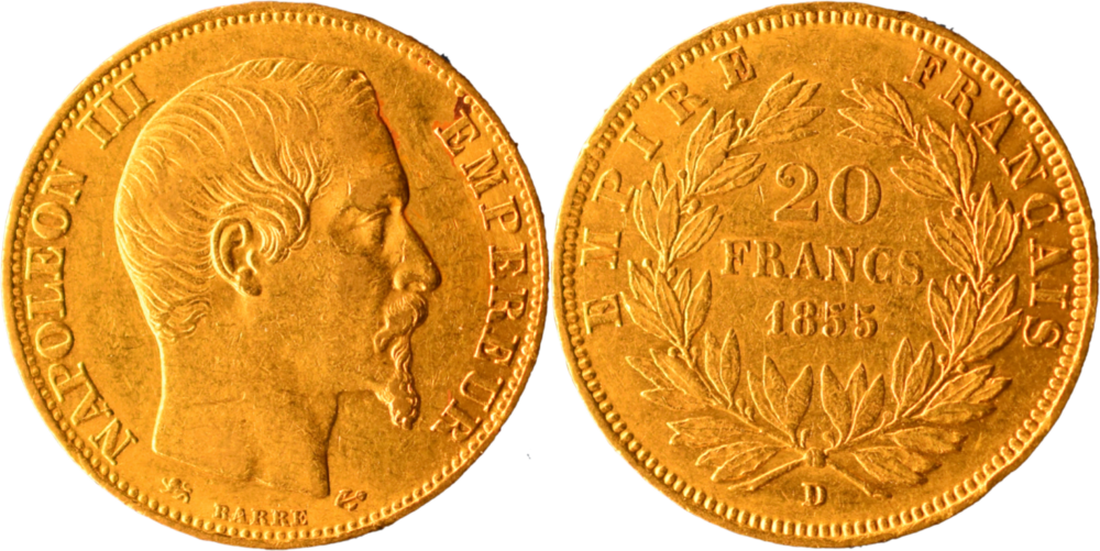 20 francs Napoléon III 1855 D SUP droit et revers