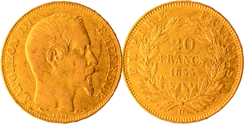 20 francs Napoléon III 1855 D TTB droit et revers