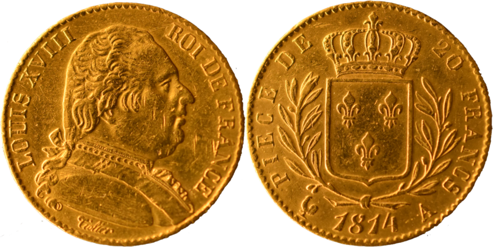 20 francs Louis XVIII 1814 A TTB droit et revers