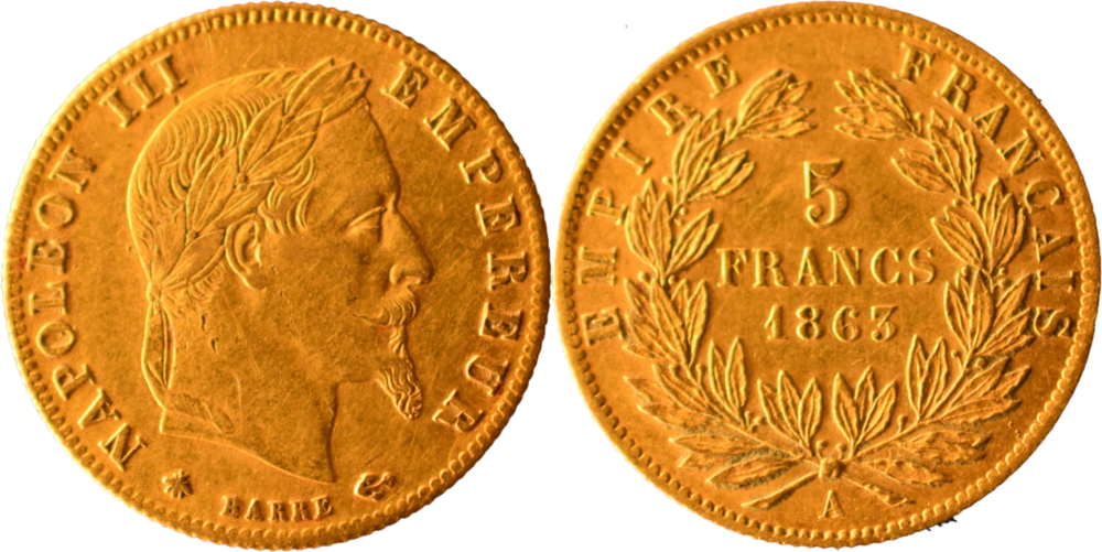 5 francs Napoléon III 1863 A SUP droit et revers