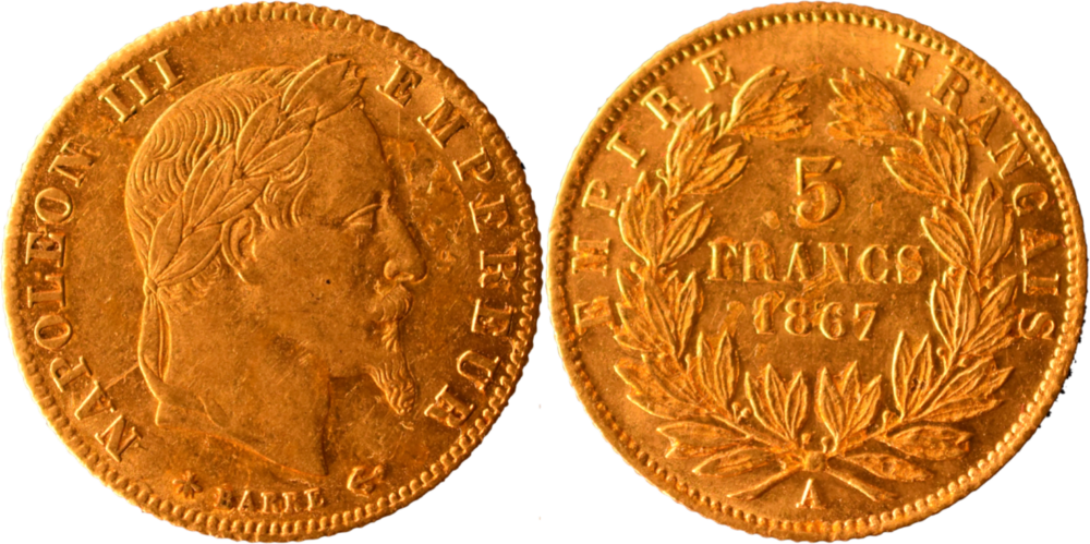 5 francs or Napoléon III 1867 A SUP droit et revers