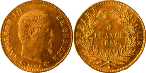 5 francs or Napoléon III 1857 A SPL droit et revers