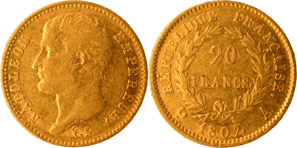 20 francs Napoléon 1807 A transitoire TTB droit et revers