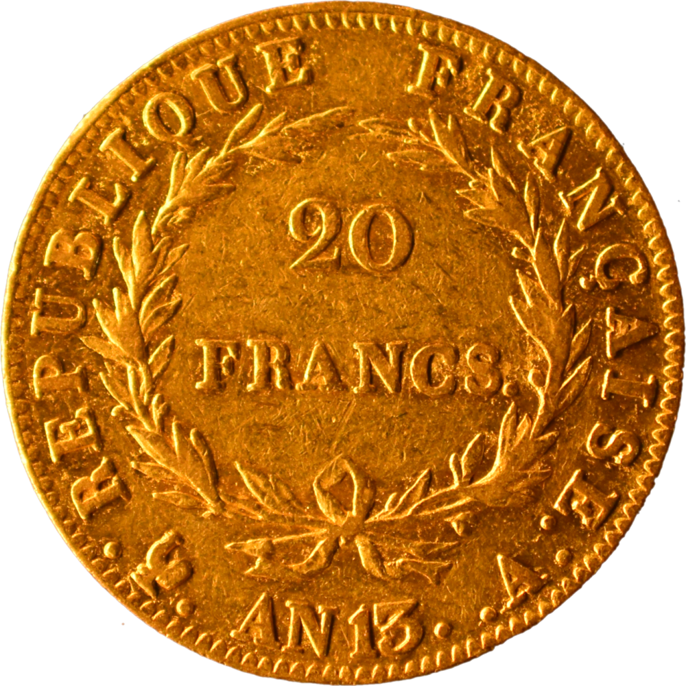 20 francs or Napoléon Empereur An 13 A TTB + revers