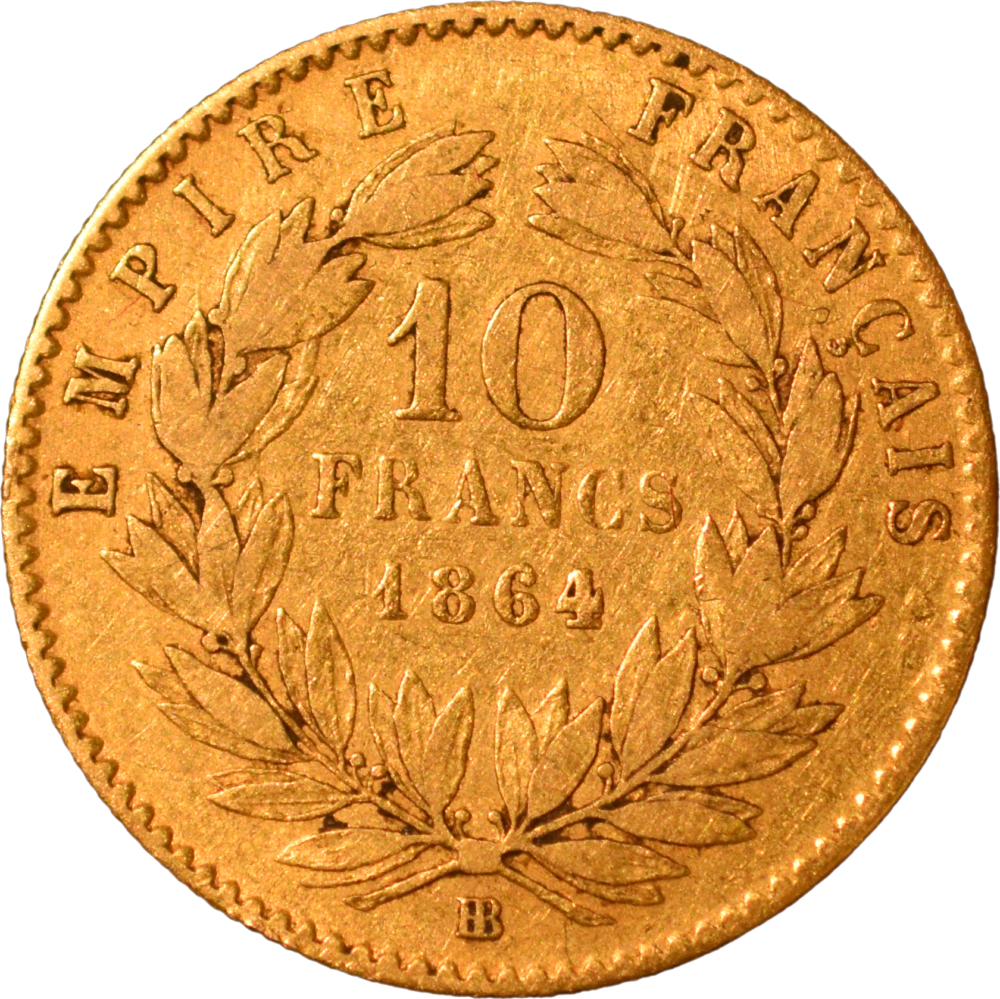 10 francs Napoléon III 1864 BB TB revers