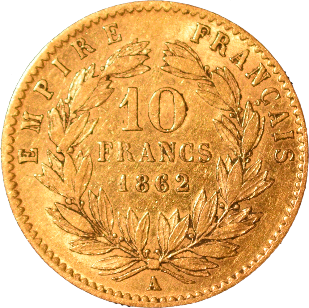 10 francs Napoléon III 1862 A TB revers