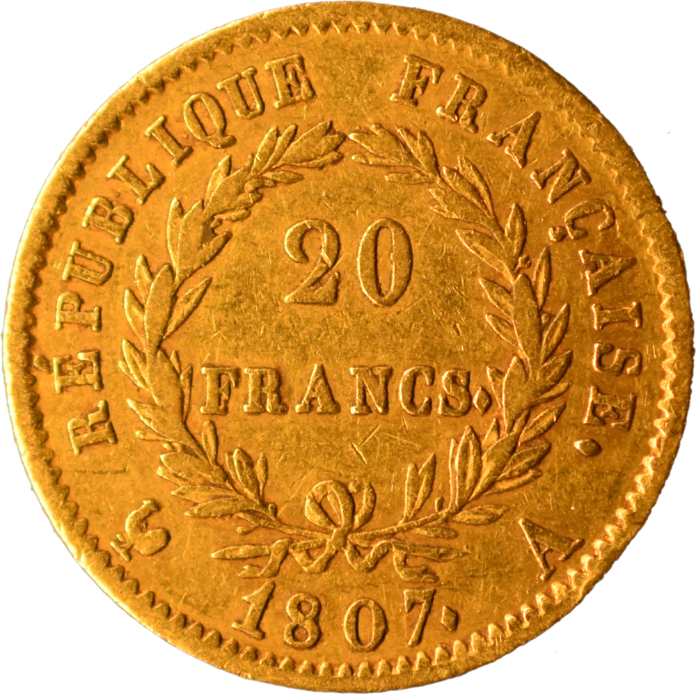 20 francs Napoléon 1807 A TTB revers