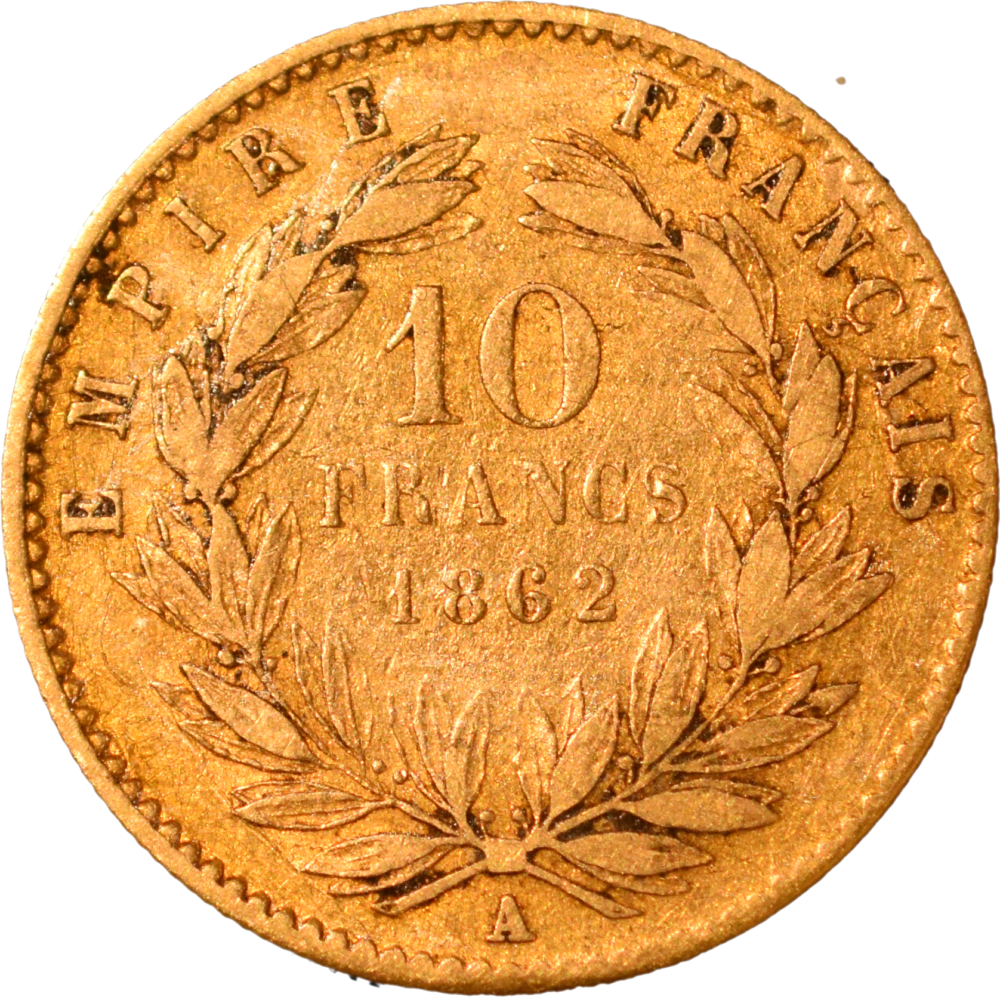 10 francs Napoléon III 1862 A TB revers