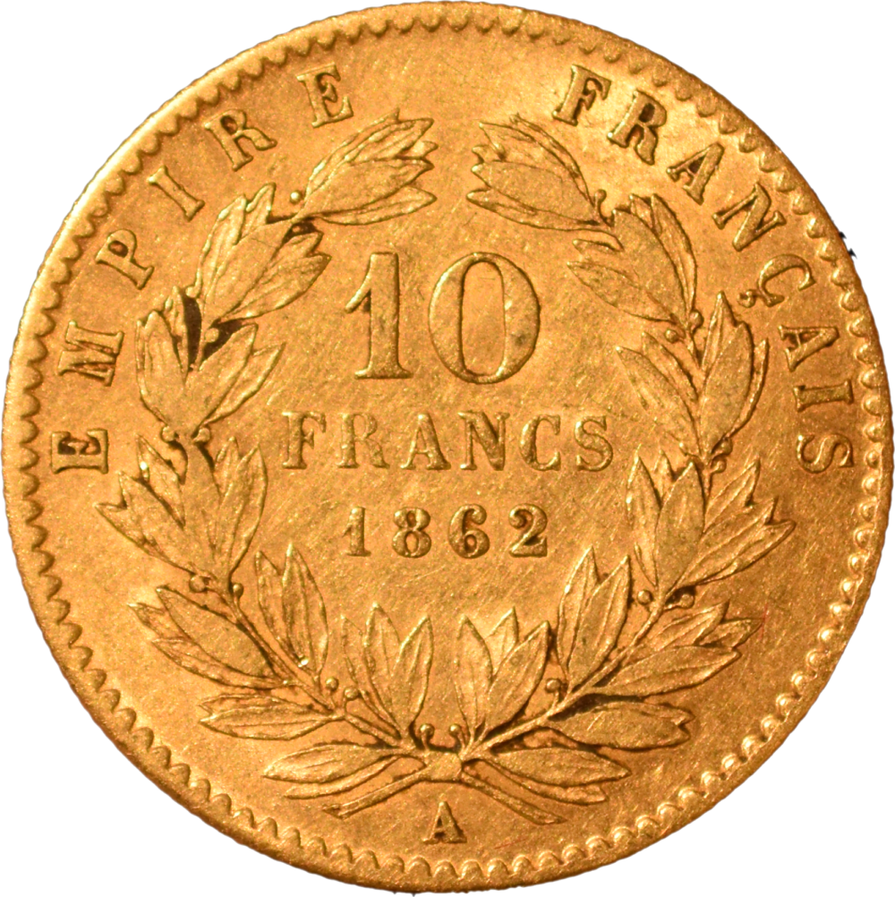 10 francs Napoléon III 1862 A TTB revers