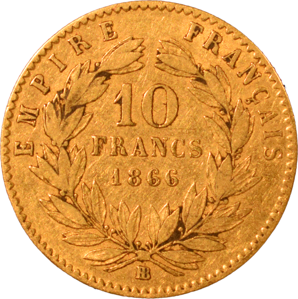 10 francs Napoléon III 1866 BB TB revers