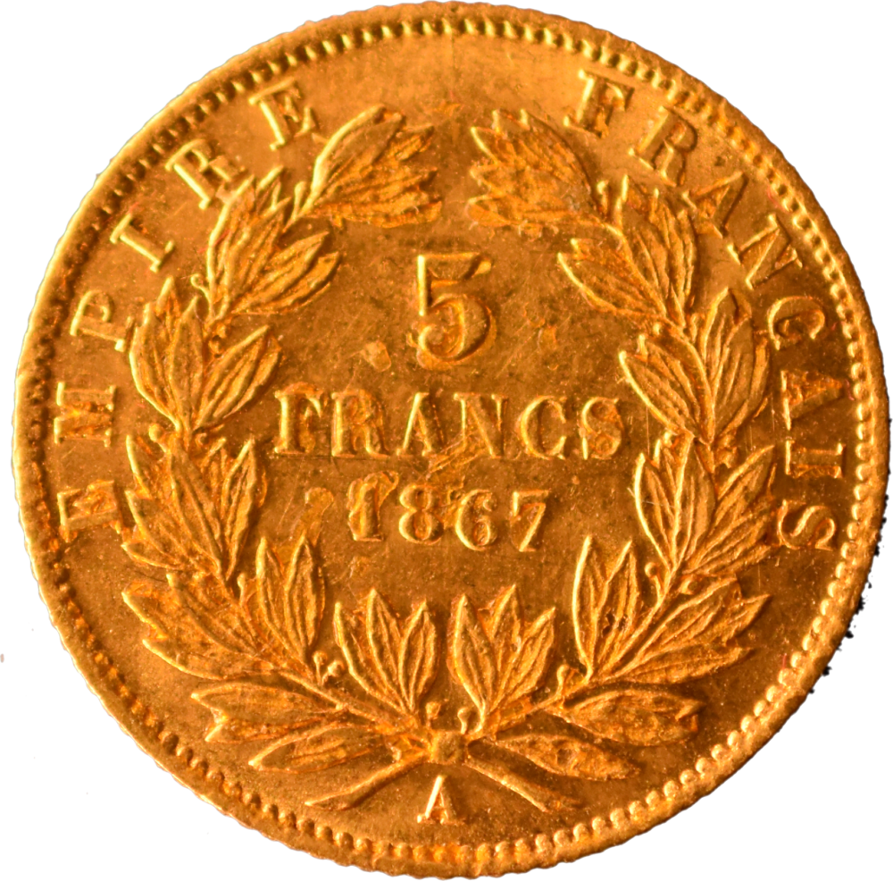 5 francs or Napoléon III 1867 A SUP revers