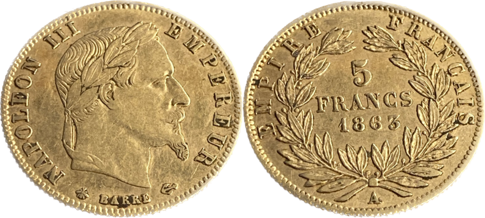 5 francs Napoléon III 1863 A TTB + droit et revers