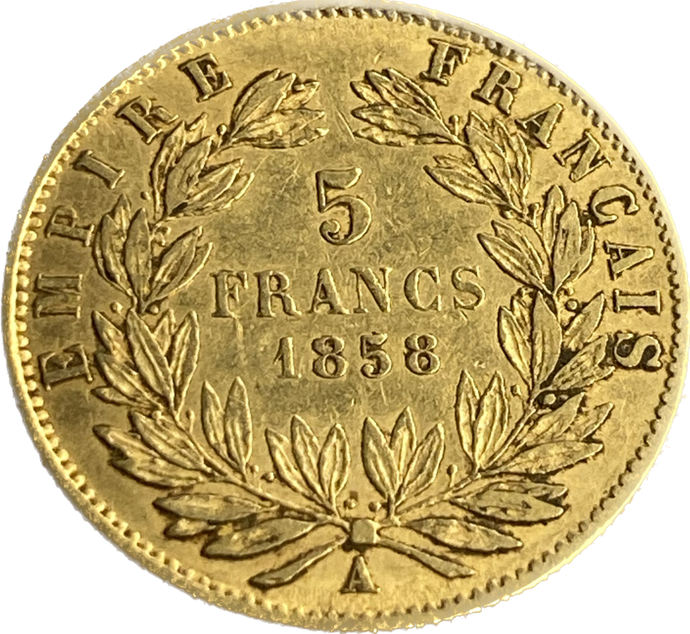 5 francs Napoléon III 1858 A TTB revers