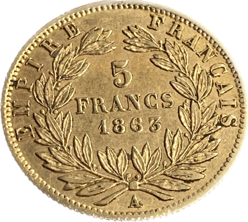 5 francs Napoléon III 1863 A TTB + revers