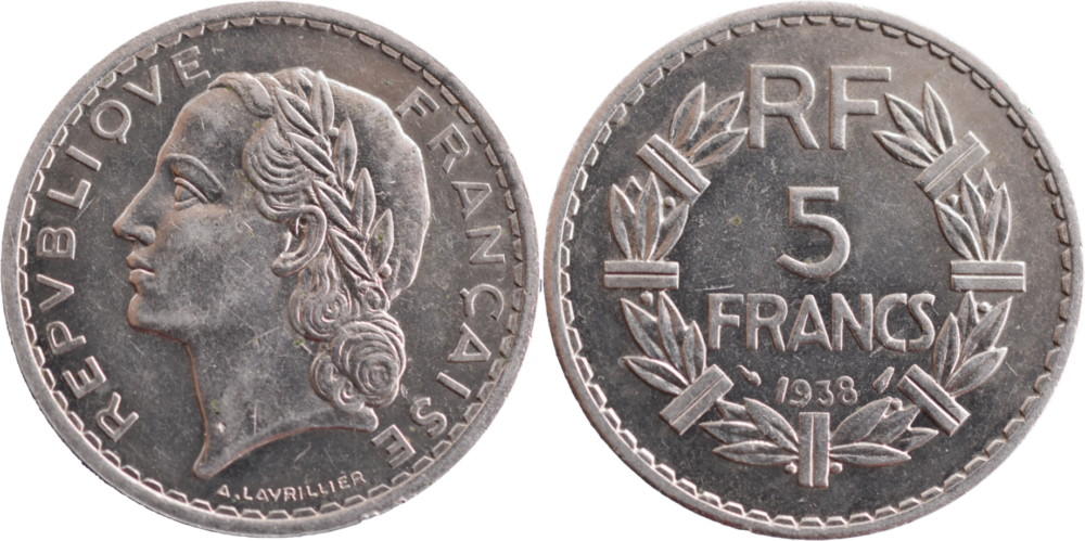 5 francs Lavrillier nickel 1938 SUP droit et revers