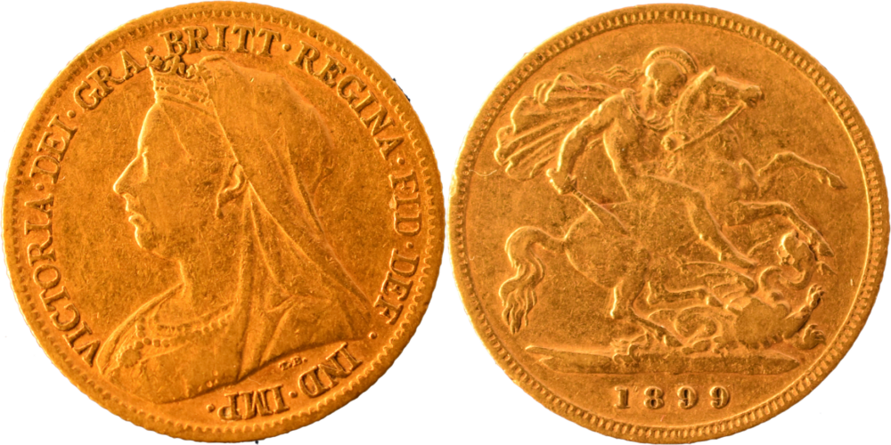 Demi souverain or Victoria voilée 1899 TTB droit et revers