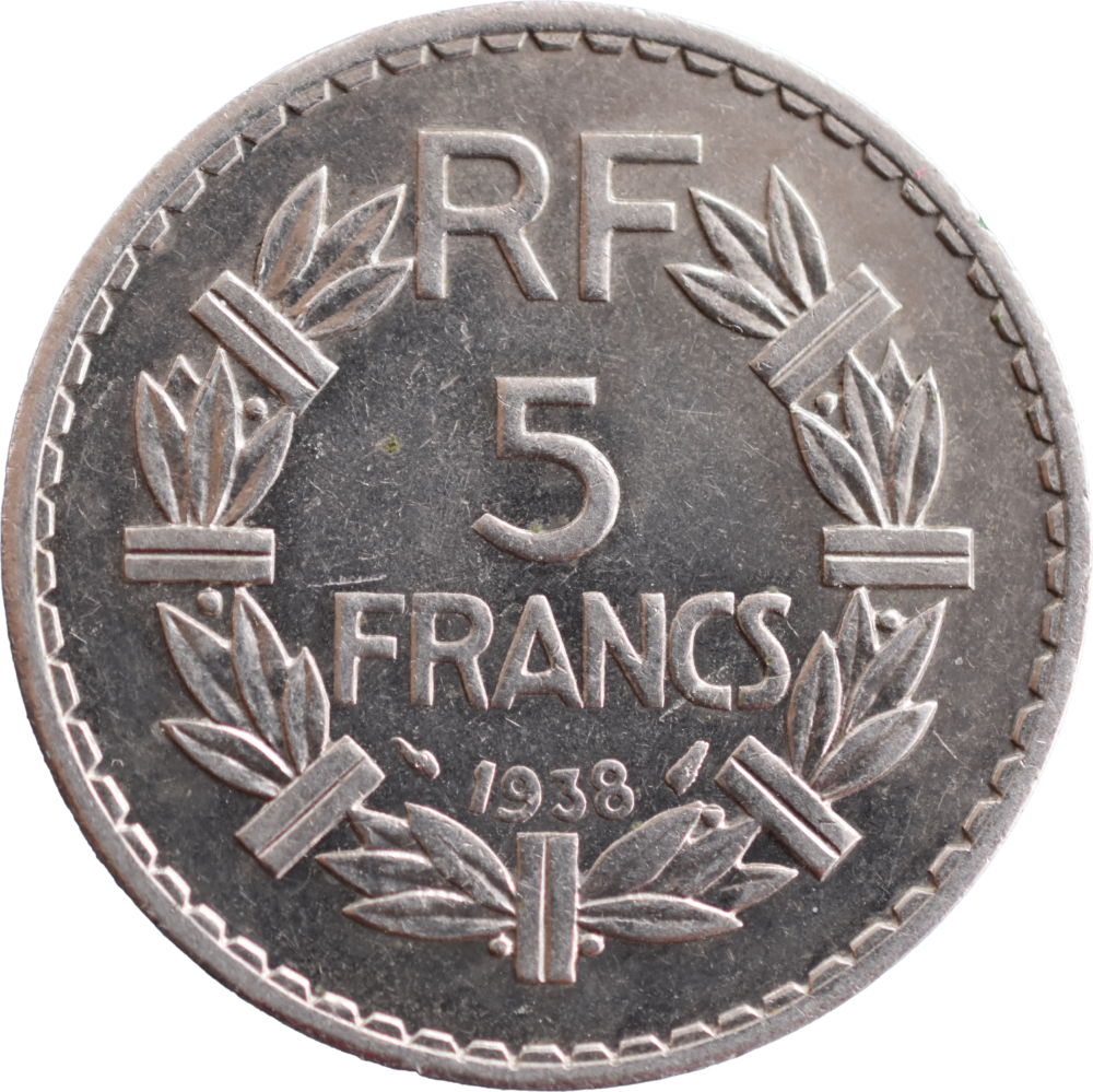 5 francs Lavrillier nickel 1938 SUP revers