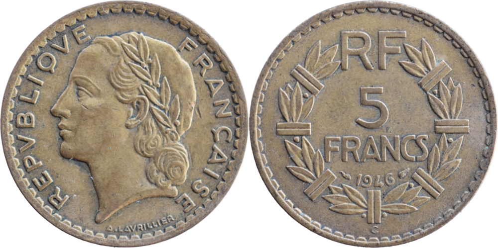 5 francs Lavrillier 1946 C SUP cupro-aluminium droit et revers