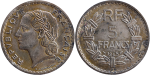 5 francs Lavrillier 1945 C SUP+ cupro-aluminium droit et revers