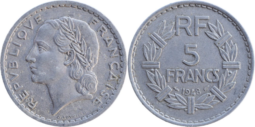 5 francs Lavrillier 1948 SUP aluminium droit et revers