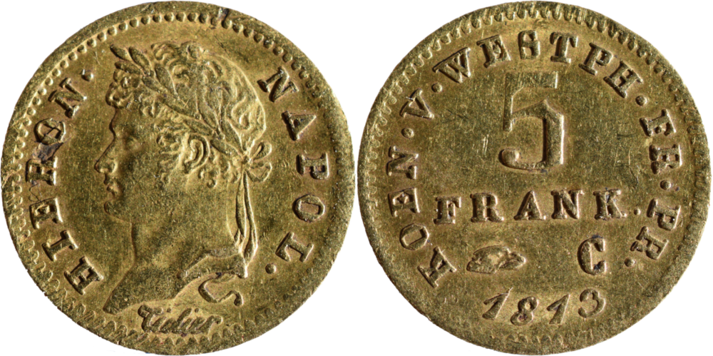 5 franken 1813 Jérôme Napoléon Bonaparte1813 C TTB+ droit et revers éclairage +