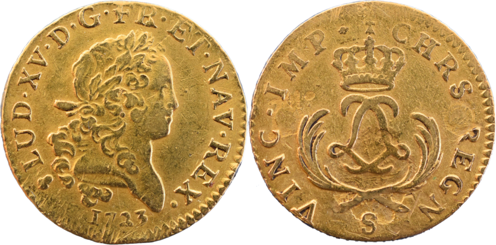 Louis d’or 1723 S TTB Louis dit « Mirliton » palmes courtes R3 droit et revers