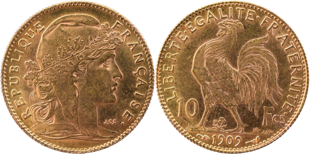 10 francs coq 1909 SUP droit et revers