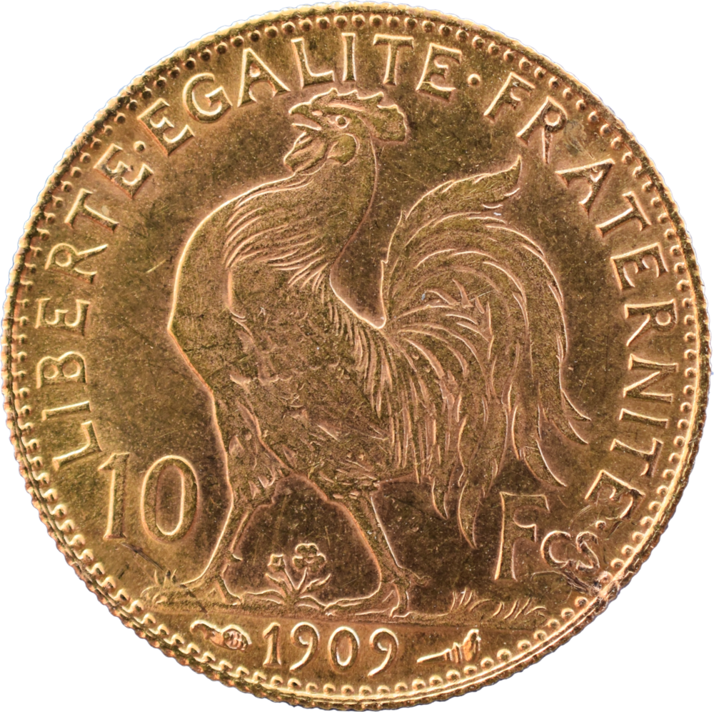 10 francs coq 1909 SUP revers