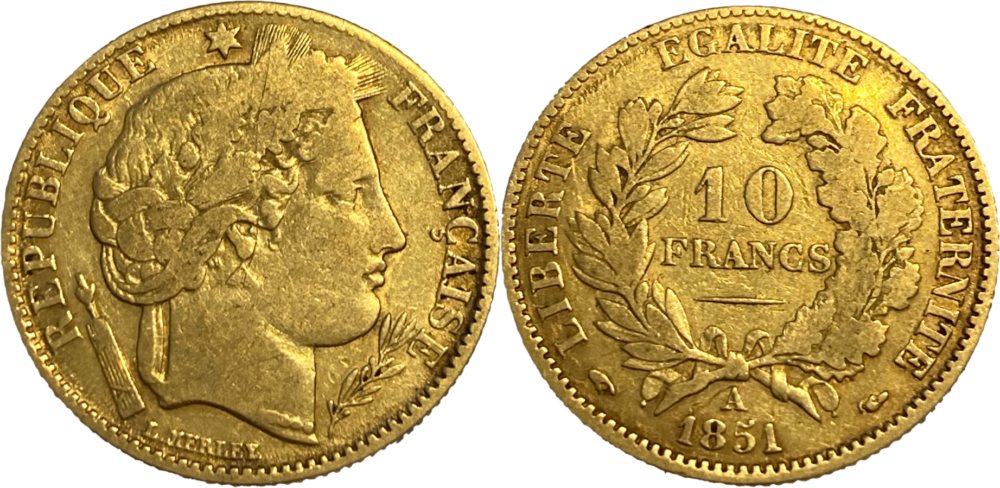 10 francs Cérès 1851 A droit et revers