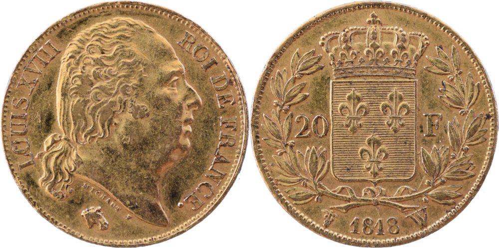 20 francs Louis XVIII 1818 W SUP fautée droit et revers