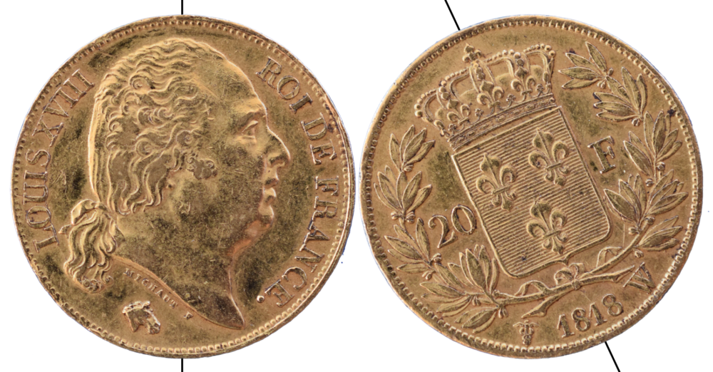 20 francs Louis XVIII 1818 W SUP fautée droit et revers -5 min