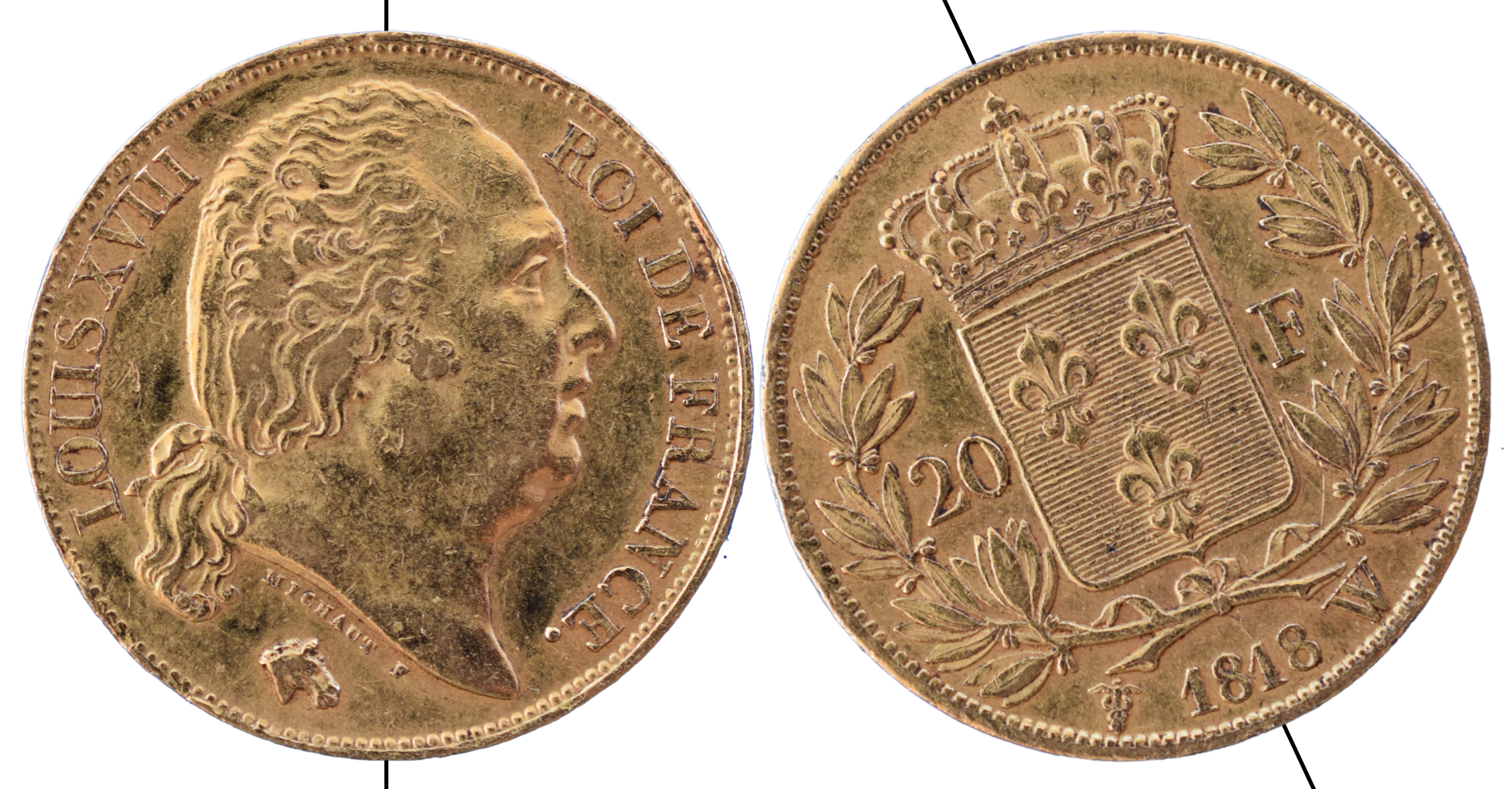 20 francs Louis XVIII 1818 W SUP fautée droit et revers -5 min