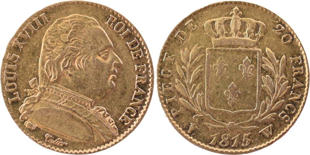 20 francs Louis XVIII 1815 W TTB fautée droit et revers