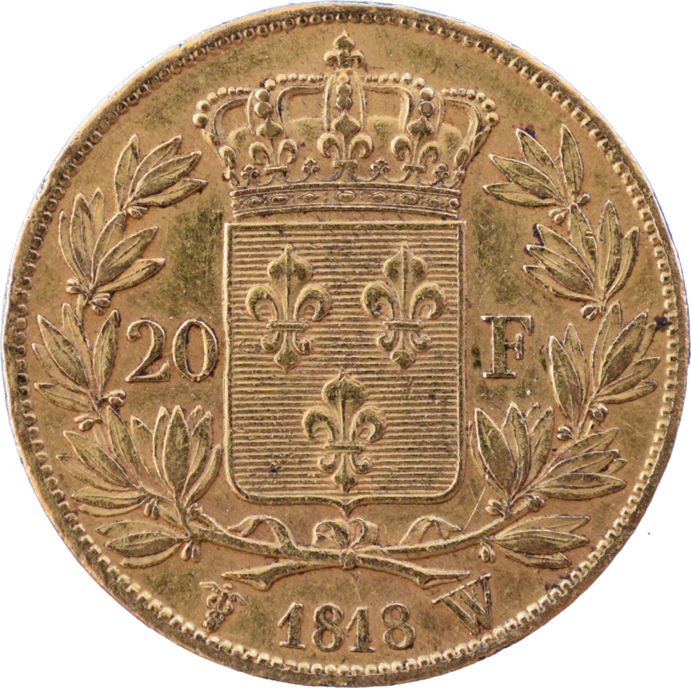 20 francs Louis XVIII 1818 W SUP fautée revers