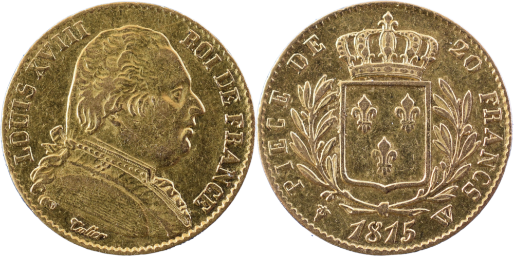 20 francs Louis XVIII 1815 W TTB+ tranche fautée droit et revers