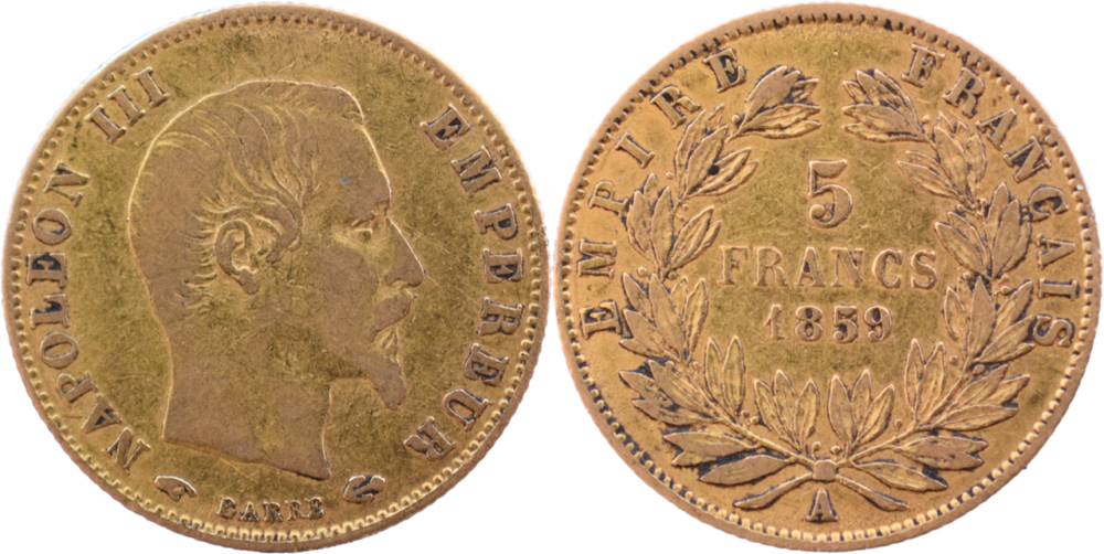 5 francs or Napoléon III 1859 A TB droit et revers