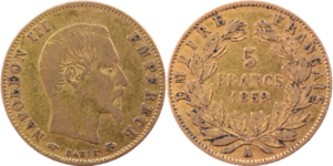 5 francs or Napoléon III 1859 A TB droit et revers